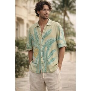 Tommy Bahama Silk Hawaiian Shirt Mens L Pineapple Palm Tree Print Aloha